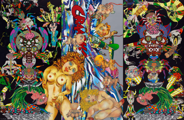 Keiichi Tanaami Land of Mirrors, 2017 Pigmented ink, acrylic silkscreen medium, crashed glass, glitter acrylic paint, acrylic paint on canvas Triptych: 200 × 300 cm