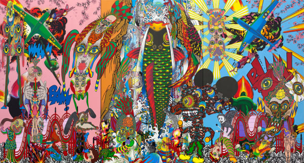 Keiichi Tanaami Carp Climbing Waterfall, 2017 Pigmented ink, acrylic silkscreen medium, crashed glass, glitter acrylic paint, acrylic paint on canvas Triptych: 162,7 × 300 × 4 cm