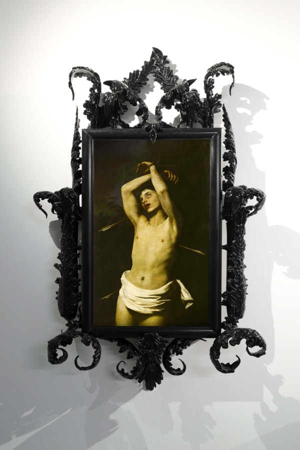 Mat Collishaw Black Mirror 'St.Sebastian', 2017 Black Murano Glass, Hard Drive, Lacquer, LCD Screen, Steel, Surveillance Mirror, Wood 250 x 130 x 35 cm