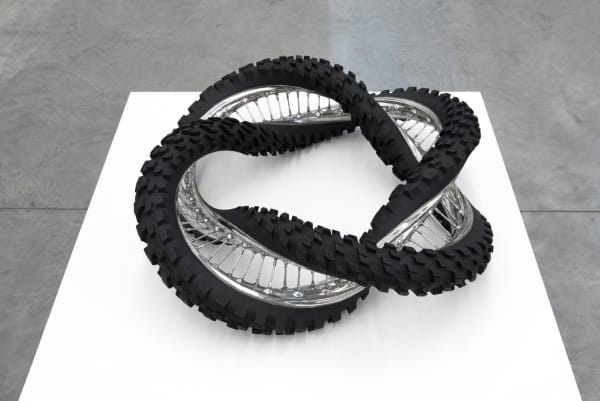 Wim Delvoye Dunlop Geomax 100/90-19 57M 720° 2X, 2013 Polished and patinated stainless steel 78 x 79 x 23 cm