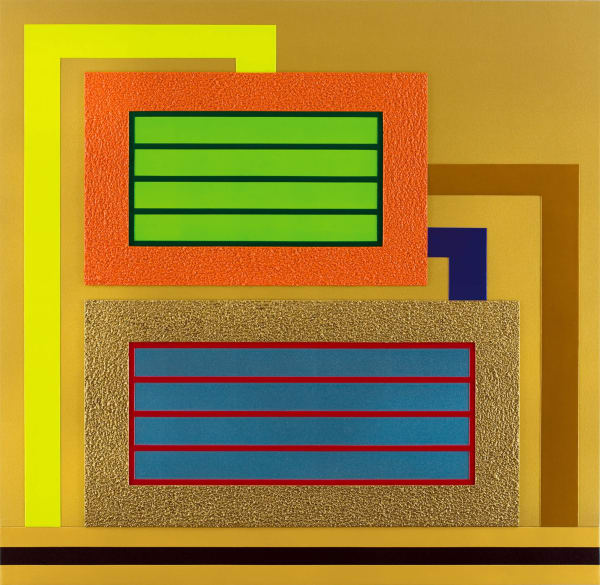 Peter Halley Impulse, 2010 Day-glo acrylic, metallic and pearlescent acrylic, and Roll-a-Tex on canvas 203,5 × 208,3 × 9,8 cm