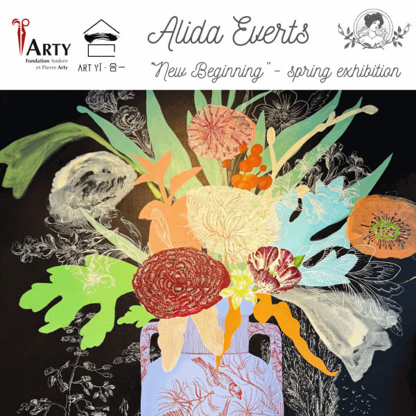 alida everts vase flower painting and collage art exhibition in Art Yi gallery brussels with arty foundation of andrée and pierre