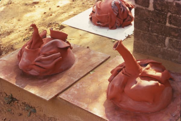 Mukherjee's first experiments with clay, shifting away from fiber toward a new medium that demanded a different kind of process and material sensitivity. Photo credit: Ranjit Singh