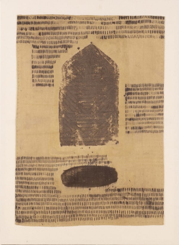 Ujjal Dey (b.1992) Mother and Child I (Mother and Child series) Myrobalan, kalamkari ink, wax-resistant, turmeric, neem, onion skin, marigold and aluminium on khadi cotton cloth 28 x 19.5 in. (71.12 x 49.53 cm.) 2024, Santiniketan