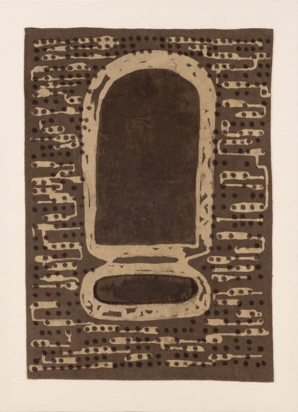 Ujjal Dey (b.1992) Mother and Child II (Mother and Child series) Myrobalan, kalamkari ink, wax and rice resist, turmeric, neem, Triphala (haritaki, amla, bahera) on khadi cotton cloth 27.8 x 19.5 in. (70.61 x 49.53 cm.) 2024, Santiniketan