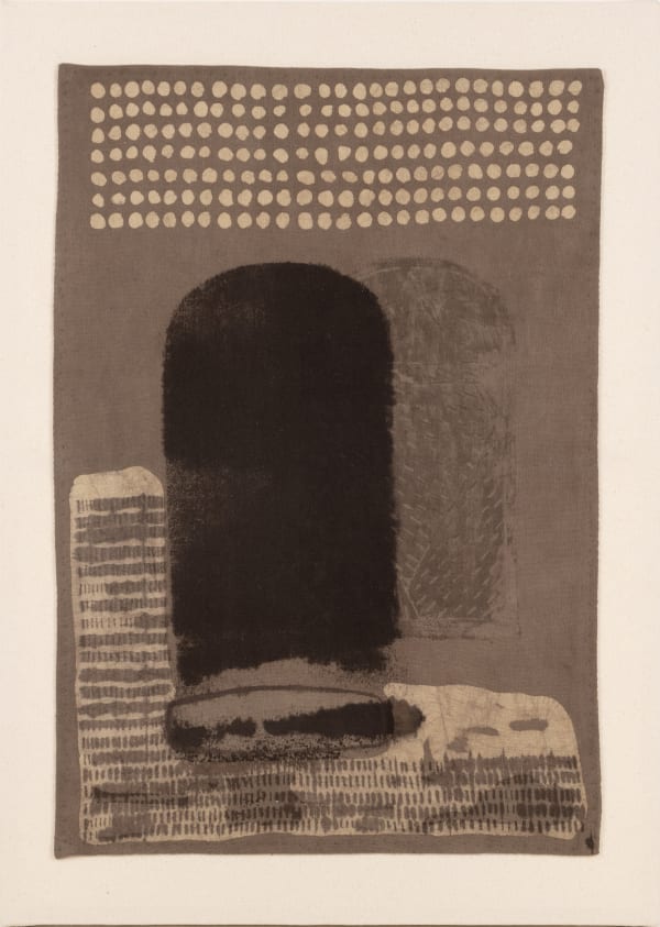 Ujjal Dey (b.1992) Mother and Child III (Mother and Child series) Myrobalan, kalamkari ink, wax and clay (khori maati) resist, Triphala (haritaki, amla, bahera) on khadi cotton cloth 27.5 x 19.5 in. (69.85 x 49.53 cm.) 2024, Santiniketan