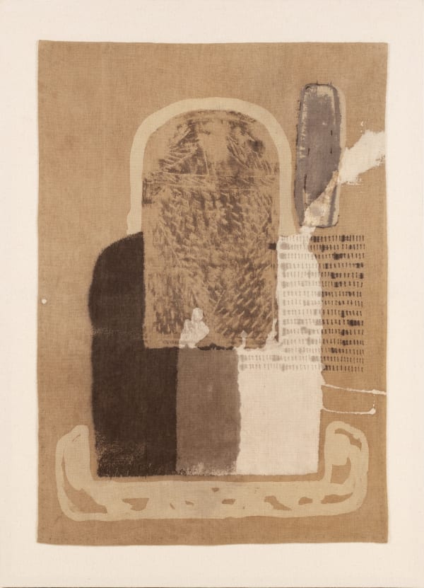 Ujjal Dey (b.1992) Mother and Child VI (Mother and Child series) Myrobalan, kalamkari ink, wax and lime resist, turmeric, neem, onion skin, marigold, and alum on khadi cotton cloth 27.6 x 19.5 in. (70.10 x 49.53 cm.) 2024, Santiniketan