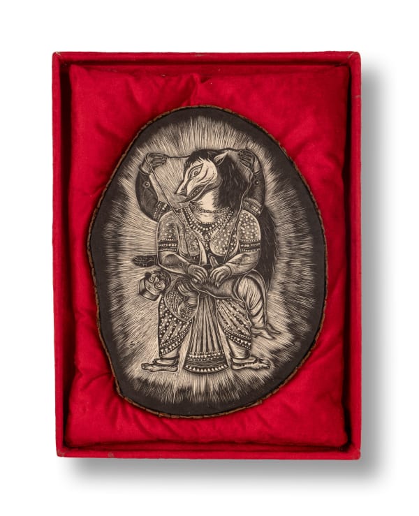 Srikanta Paul (b.1971) Neo-Godism Wood engraving on Nepalese handmade paper, bark, velvet and cloth 19.2 x 14.4 x 2.3 in. approx. 2014, Kolkata