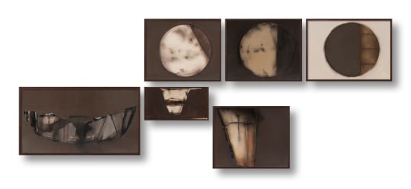 Suman Dey (b.1981) Ebbs and Flows (1) Acrylic, charcoal, and pencil on Nepalese handmade paper A and B - 10.82 x 13.77 in. C - 10.9 x 15 in. D - 12.04 x 22.04 in. E - 5.78 x 12 in. F - 10.8 x 13.77 in. Set of 6 works 2023 - 2024