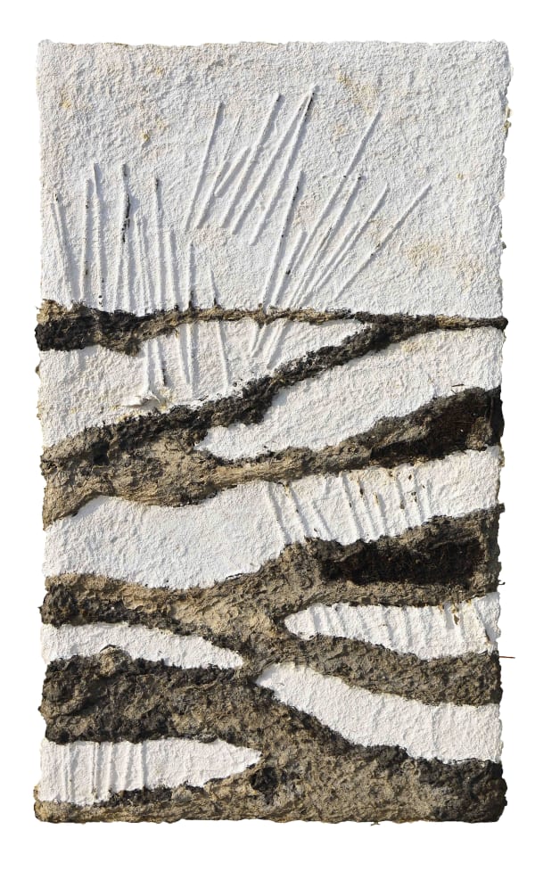 Ruma Choudhury (1990) Birbhum Landscape Straw, sugarcane, wood fibre, cane of kans grass, found objects and charcoal Overall installation dimension: 80 x 308 x 2 in. B - 79.2 x 44 x 2 in. approx. Set of 7 works 2021-2024