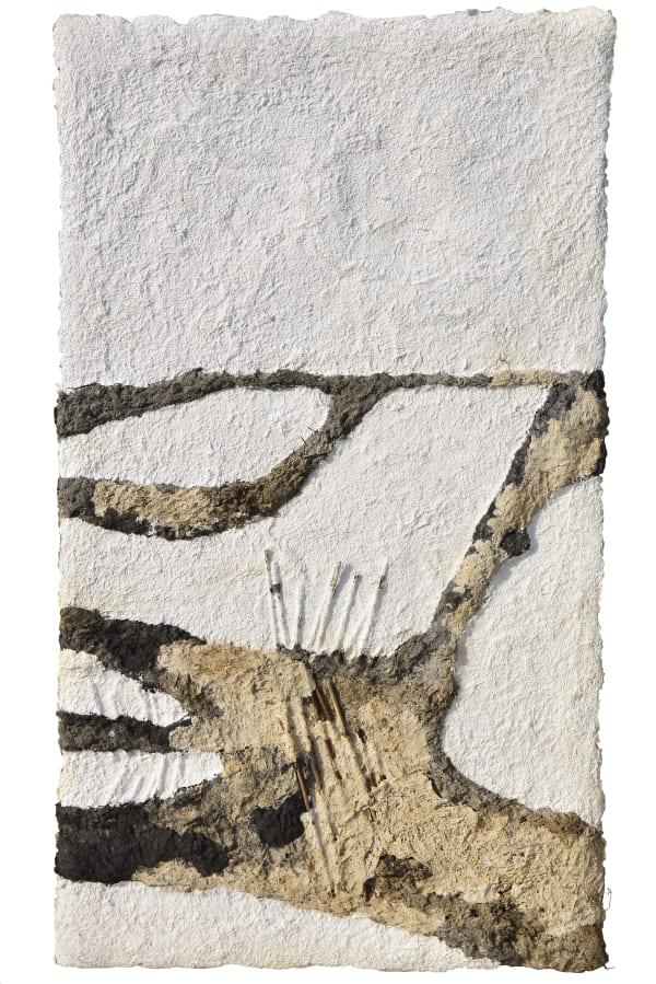 Ruma Choudhury (1990) Birbhum Landscape Straw, sugarcane, wood fibre, cane of kans grass, found objects and charcoal Overall installation dimension: 80 x 308 x 2 in. D - 80 x 44 x 2 in. approx. Set of 7 works 2021-2024