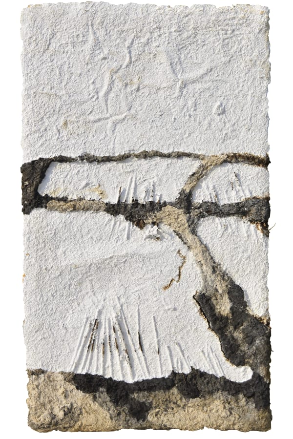 Ruma Choudhury (1990) Birbhum Landscape Straw, sugarcane, wood fibre, cane of kans grass, found objects and charcoal Overall installation dimension: 80 x 308 x 2 in. E - 79.5 x 43 x 2 in. approx. Set of 7 works 2021-2024