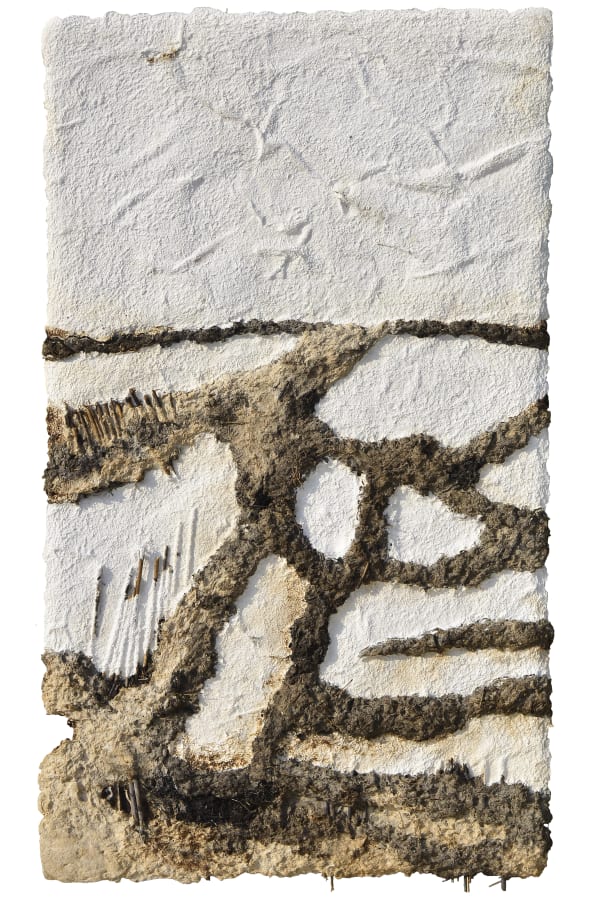 Ruma Choudhury (1990) Birbhum Landscape Straw, sugarcane, wood fibre, cane of kans grass, found objects and charcoal Overall installation dimension: 80 x 308 x 2 in. F - 80 x 42.5 x 1.5 in. approx. Set of 7 works 2021-2024