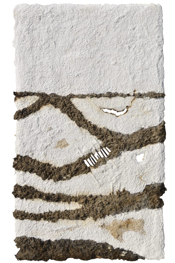 Ruma Choudhury (1990) Birbhum Landscape Straw, sugarcane, wood fibre, cane of kans grass, found objects and charcoal Overall installation dimension: 80 x 308 x 2 in. G - 79 x 43.5 x 1.5 in. approx. Set of 7 works 2021-2024