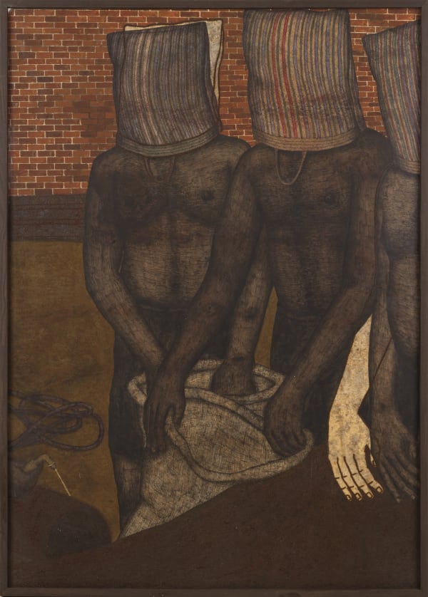 Avijit Dutta (b.1997) Inside the Factory Acrylic, pen, brick and iron dust on paper 35.43 x 73.50 in. Triptych 2024