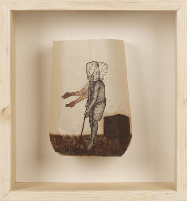 Avijit Dutta (b.1997) Embracing Existence Acrylic and iron dust on Nepalese handmade paper (Paper bag/ ‘Thonga’) F- 8.46 x 5.90 x 2.95 in. Set of 7 works 2024