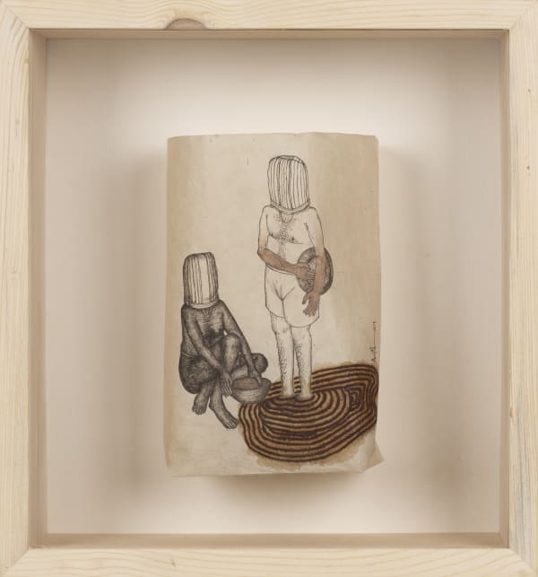 Avijit Dutta (b.1997) Embracing Existence Acrylic and iron dust on Nepalese handmade paper (Paper bag/ ‘Thonga’) G - 8.66 x 5.90 x 2.95 in. Set of 7 works 2024