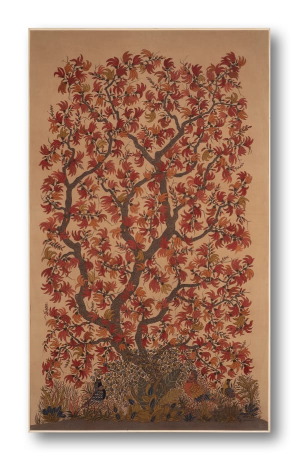 Ajit Kumar Das (b.1957) Spring Hand-painted textile using a bamboo pen, brush and natural dyes derived from pomegranate rind, turmeric, fermented iron solution, indigo, catechu, alizarin, night-flowering jasmine and madder on cotton cloth. Alum is used as a mordant. 73.6 x 43.7 in. 2024
