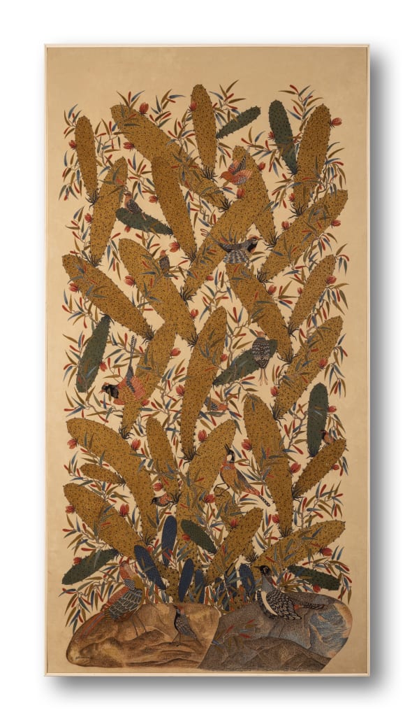 Ajit Kumar Das (b.1957) Spring in the Dessert Hand-painted textile using a bamboo pen, brush and natural dyes derived from pomegranate rind, turmeric, fermented iron solution, indigo, catechu, alizarin, and madder on cotton cloth. Alum is used as a mordant. 73.6 x 37.5 in. 2024