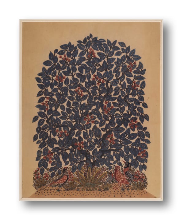 Ajit Kumar Das (b.1957) Songs of Nature IV Hand-painted textile using a bamboo pen, brush and natural dyes derived from indigo, fermented iron solution, catechu, alizarin, and madder on cotton cloth. Alum is used as a mordant. 22.6 x 17.7 in. 2024