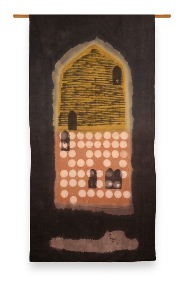 Ujjal Dey (b.1992) Offering to Surya II (Offering to Surya series) Myrobalan, kalamkari ink, lime resist, alum, turmeric, and madder on cotton cloth 91.3 x 47.24 in. (232 x 120 cm.) 2024, Santiniketan