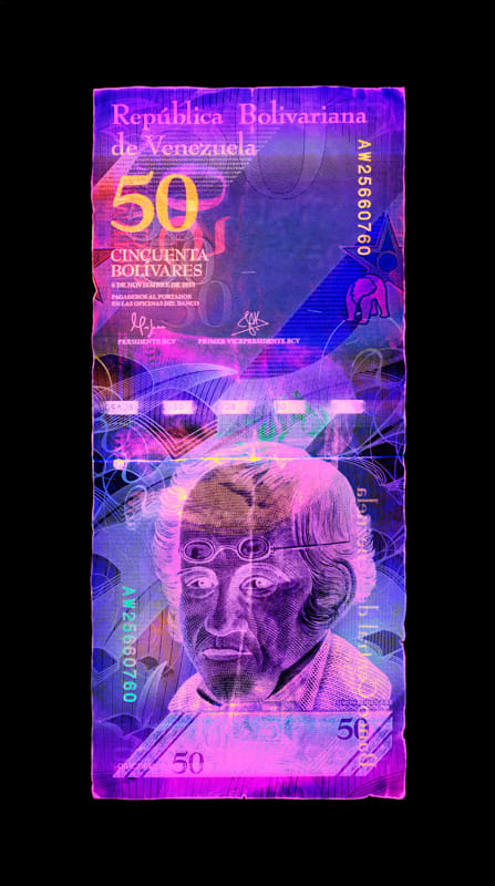 David LaChapelle, Negative Currency: Fifty Venezuelan Bolivar Used as Negative, 2025