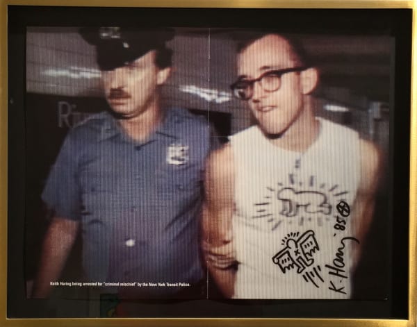 Untitled (Bat x Man), 1984 Original drawing by Keith Haring, on offset print of a shot of the artist being...