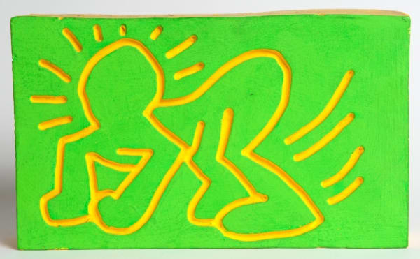 Crawling Radiant Baby Wood Carving, 1983 Unique wood carving with vivid green and yellow dayglo paint. Signed “For Dan -...