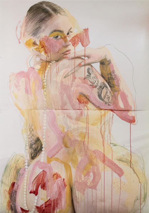 JESS COCHRANE They Say Pearls Are For Good Girls, 2020 Acrylic and Oil Pastel on Satin Print Digital Photograph. Framed. Signed, Verso Unique, Original 118.9 x 168.2 cm (46.8 x 66.2 inches)