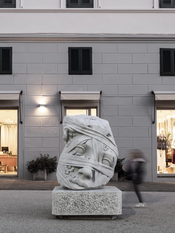 Filippo Tincolini's 'Acient Gods' marble sculpture: the shield of capitan american from an acient past front view.