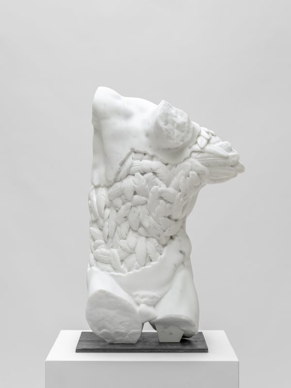 Marble sculpture featuring a satyr with a plumed inner soul, part of the 'Flowered Soul' series by artist Filippo Tincolini view from the front