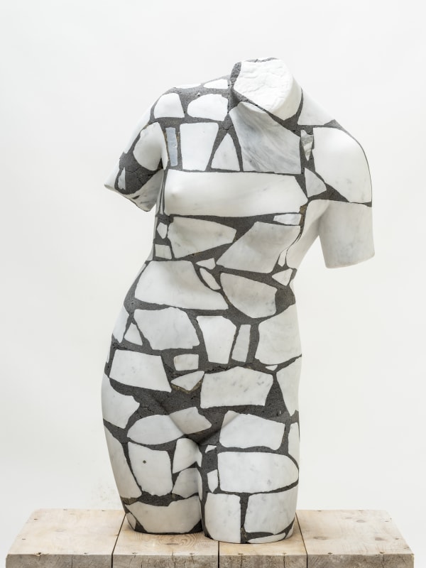 Marble sculpture featuring an Venus made of stones, part of the 'Site Specific' series by artist Filippo Tincolini view from the front left