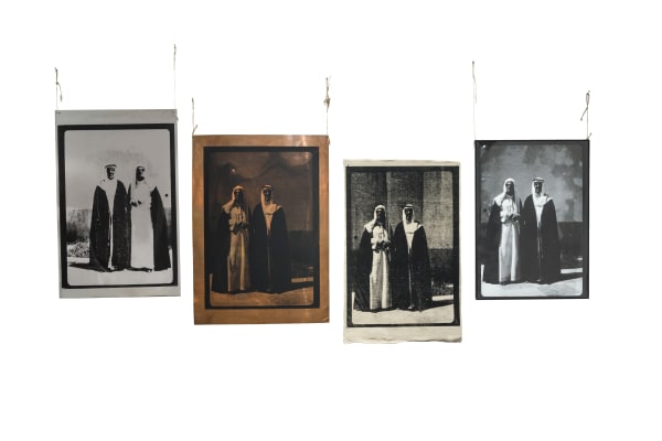 THE BISHT MEN II | رجال ببشوت ٢ 2015 Silkscreen Ink on Aluminum, Copper, Paper, and Canvas | حبر من الحرير على الألمنيوم والنحاس والورق والقماش 88 x 71 cm