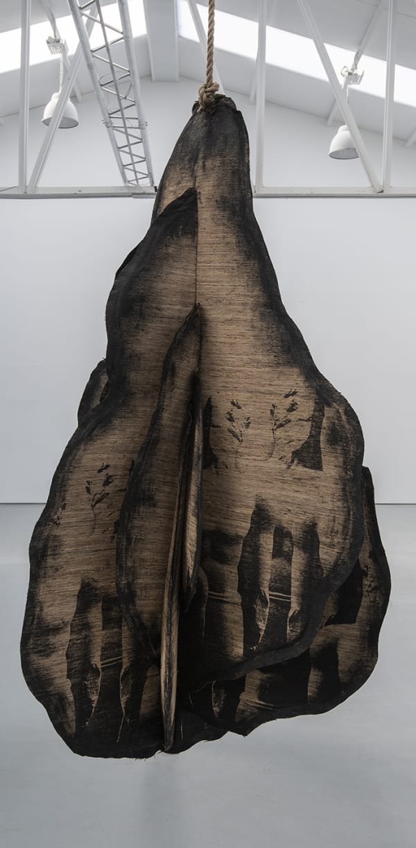 THEY ARE THE PURPOSE, WE ARE THE ACCIDENT II | هما الهدف ونحن الصدفه ٢ 2022 TUSSAR SILK, SILKSCREEN INK, ACRYLIC PAINT AND JUTE ROPE | حرير توسار، حبر حريري، طلاء أكريليك، طين 205 X 125 X 130 CM