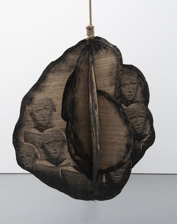 THEY ARE THE PURPOSE, WE ARE THE ACCIDENT III 2022 TUSSAR SILK, SILKSCREEN INK, ACRYLIC PAINT AND JUTE ROPE 139 X 120 X 123 CM