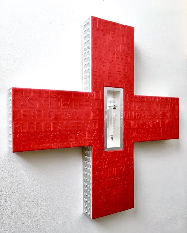 FIRST AID (prevention is the best medicine) 30 X 30 X 3", encaustic, glass syringe, silver leaf, and blister pill packs on panel