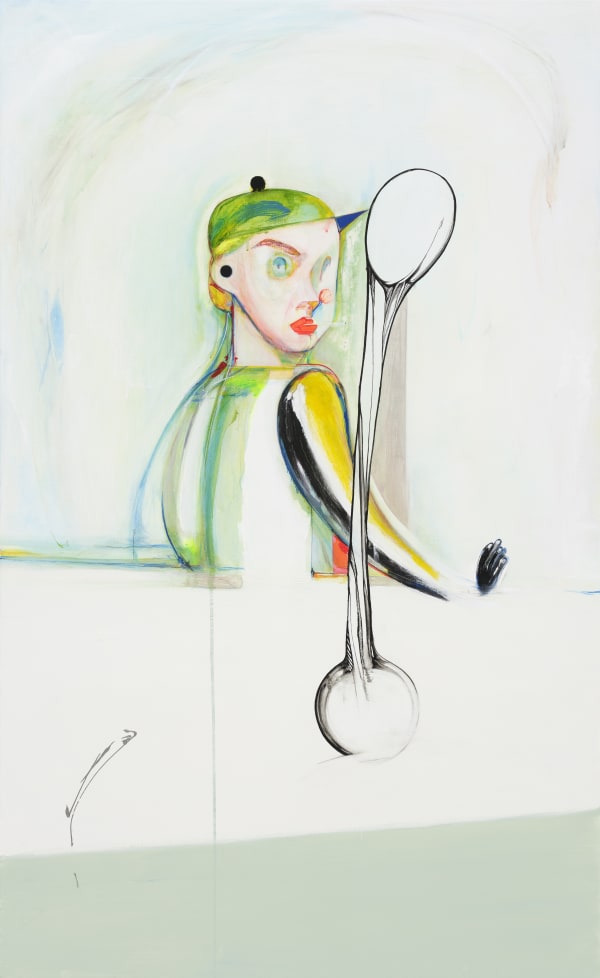왜! Why!, acrylic, oil, animation paint, gouache, paint marker, fabric ink, nail polish, colored pencil on canvas, 145.5x89.4cm, 2023