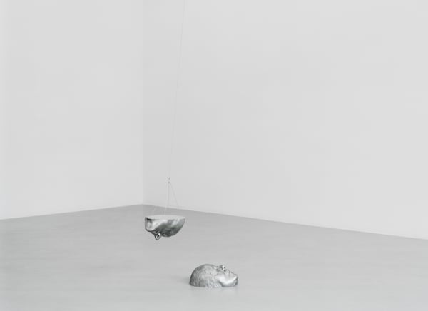 Anders Krisar, One as Two (2), Cast aluminum, magnets, lead, aluminum paint on aluminum plate, steel wire, wire lock, aluminum screws, copper pipe, plastic padding, chemical aluminum, and epoxy, 25.5x15x11cm, 24.5x16x10cm, 2004