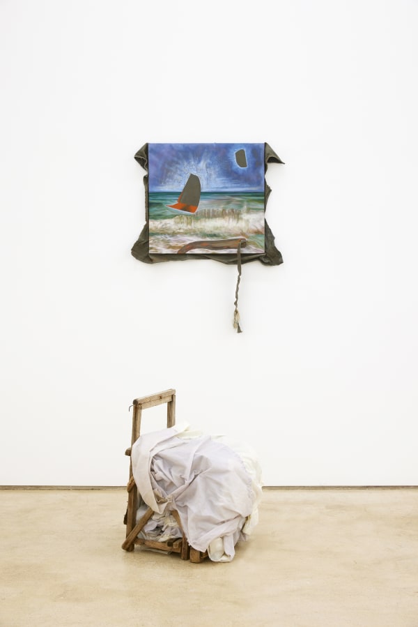 Sequence 2, oil on resuscitated north korean canvas, 57x60cm/North Korean Ghost Ship Chair with swaddled Japanese fishing parachute from Sada island Japan, 66Hx40Lx37Wcm, 2021