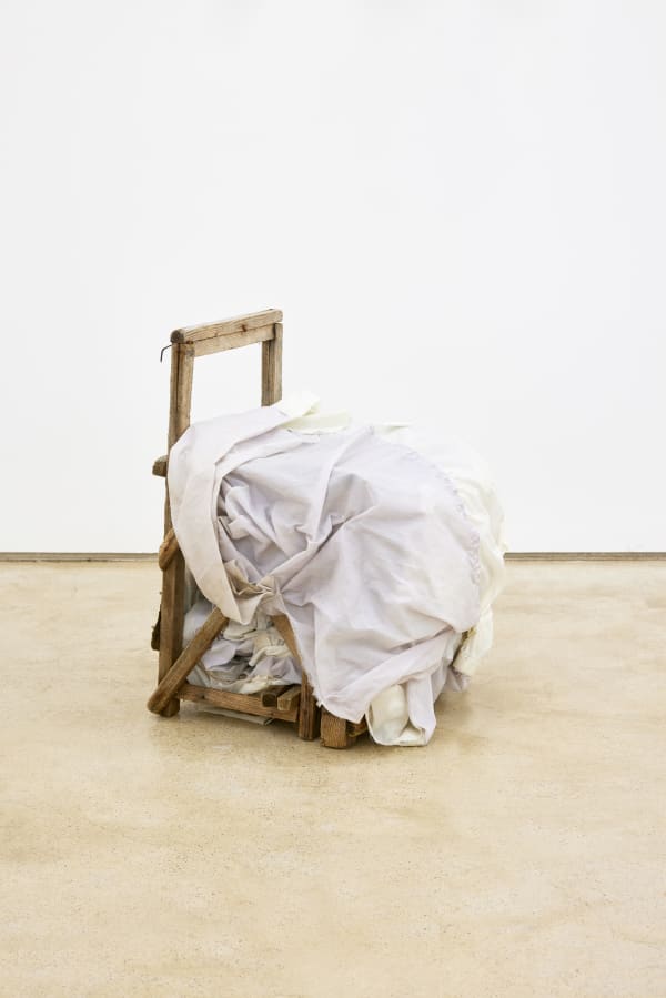 Sequence 2, oil on resuscitated north korean canvas, 57x60cm/North Korean Ghost Ship Chair with swaddled Japanese fishing parachute from Sada island Japan, 66Hx40Lx37Wcm, 2021