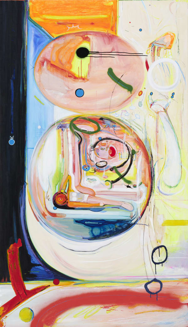 댄싱머신 (둘은 알고 셋은 모르는 이야기) Dancing Machine (The story ‘two’ knows, not ‘three’), acrylic, oil, spray, animation paint, gouache, paint marker, fabric ink, enamel paint on canvas, 193.9x112.1cm, 2020