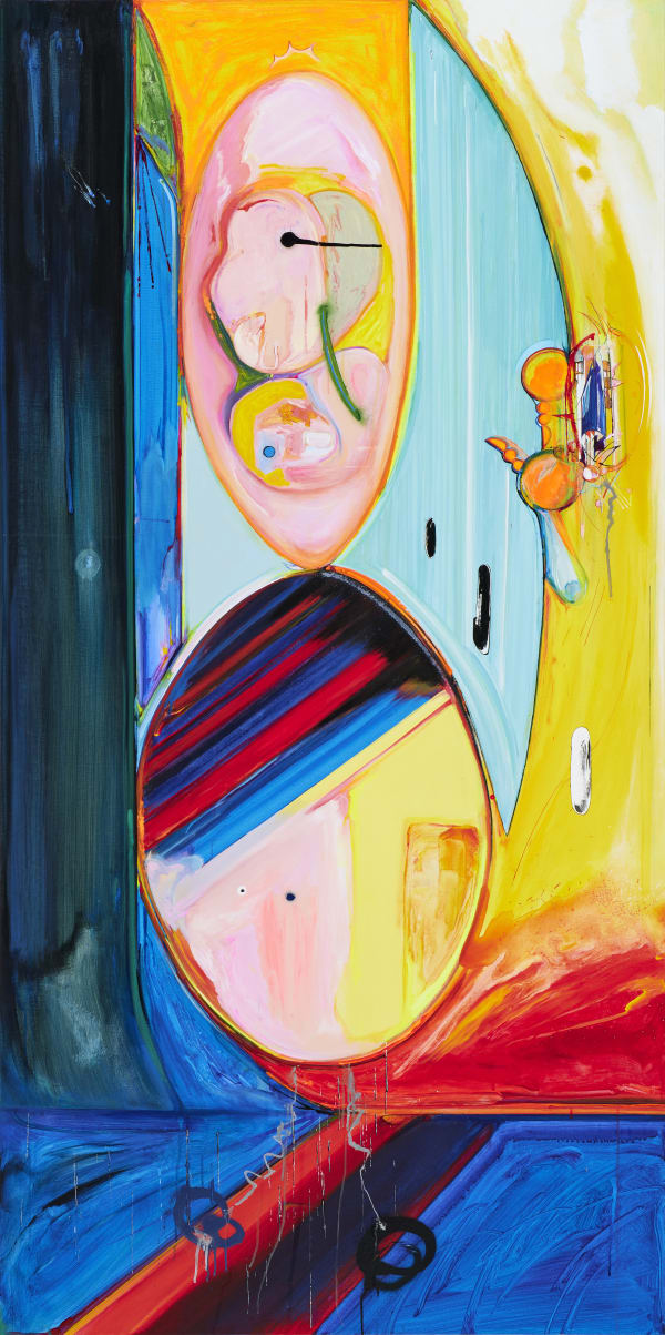 댄싱머신 (둘은 알고 셋은 모르는 이야기) Dancing Machine (The story ‘two’ knows, not ‘three’), acrylic, spray, animation paint, gouache, paint marker, fabric ink on canvas, 193.9x97cm, 2021