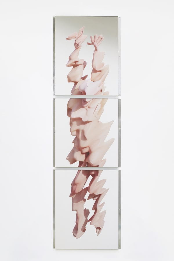 반영적 신체 #4는 실재를 비출 수 있을지 모른다 The reflective body may project reality #4, stainless steel, printed mirror, 215x64x3.1cm, 2024