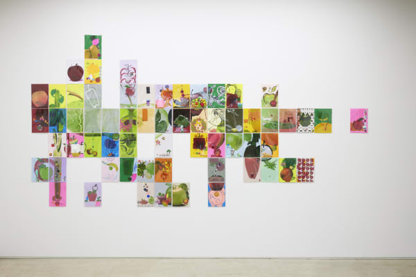 사과 사라다 Apple salad, C-print on paper, stickers and additional mixed media on vinyl, dimensions variable(각 30×22cm, each 30×22cm), 2024