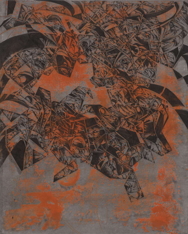 경첩들 Hinges, ink and cinnabar red ink on paper, 162x130cm, 2019