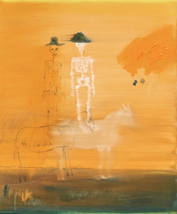 말 위에 서있는 Standing on a Mal, 2025, Oil, pastel, graphite on linen, 45.5 x 37.9 cm