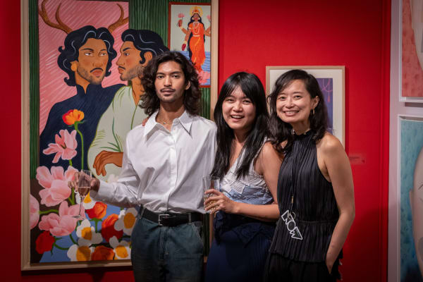 from the left: artist Richie Nath, Le Thien-Bao and Quinnie TAN at their booth N01, Asia NOW 2023. Photo: Lionel Sabatté