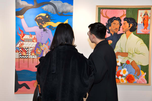 Richie Nath and his artworks, opening event of the group exhibition 'Against the Tide', Karin Weber Gallery, London 2024. @richiehtet @karinweber_gallery Credits: Photo by jojoandcophotography Courtesy of Karin Weber Gallery