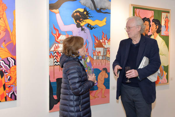 Richie Nath and his artworks, opening event of the group exhibition 'Against the Tide', Karin Weber Gallery, London 2024. @richiehtet @karinweber_gallery Credits: Photo by jojoandcophotography Courtesy of Karin Weber Gallery