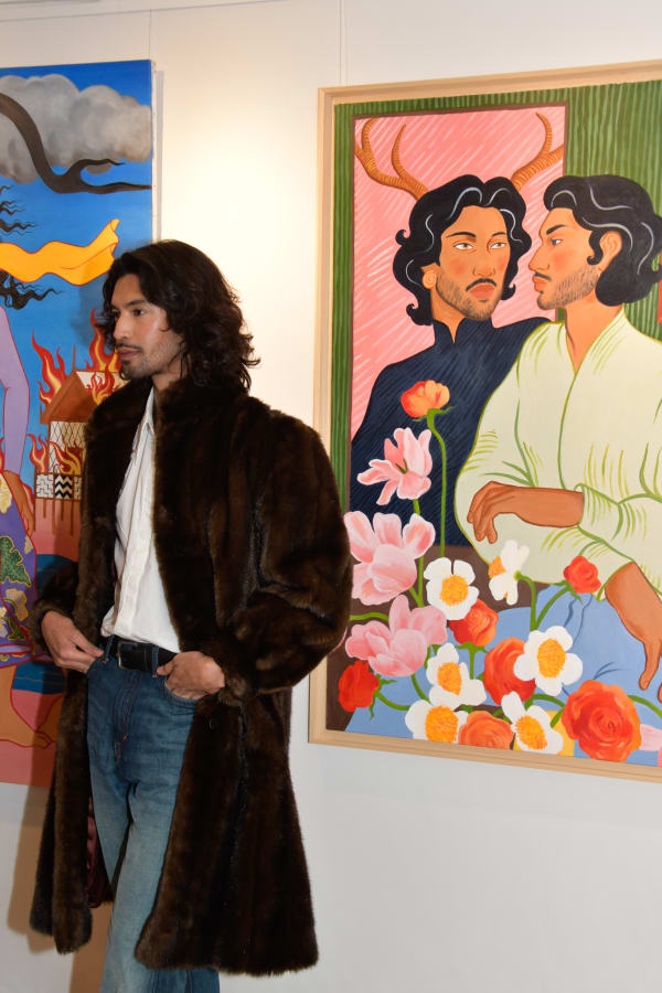 Richie Nath and his artworks, opening event of the group exhibition 'Against the Tide', Karin Weber Gallery, London 2024. @richiehtet @karinweber_gallery Credits: Photo by jojoandcophotography Courtesy of Karin Weber Gallery